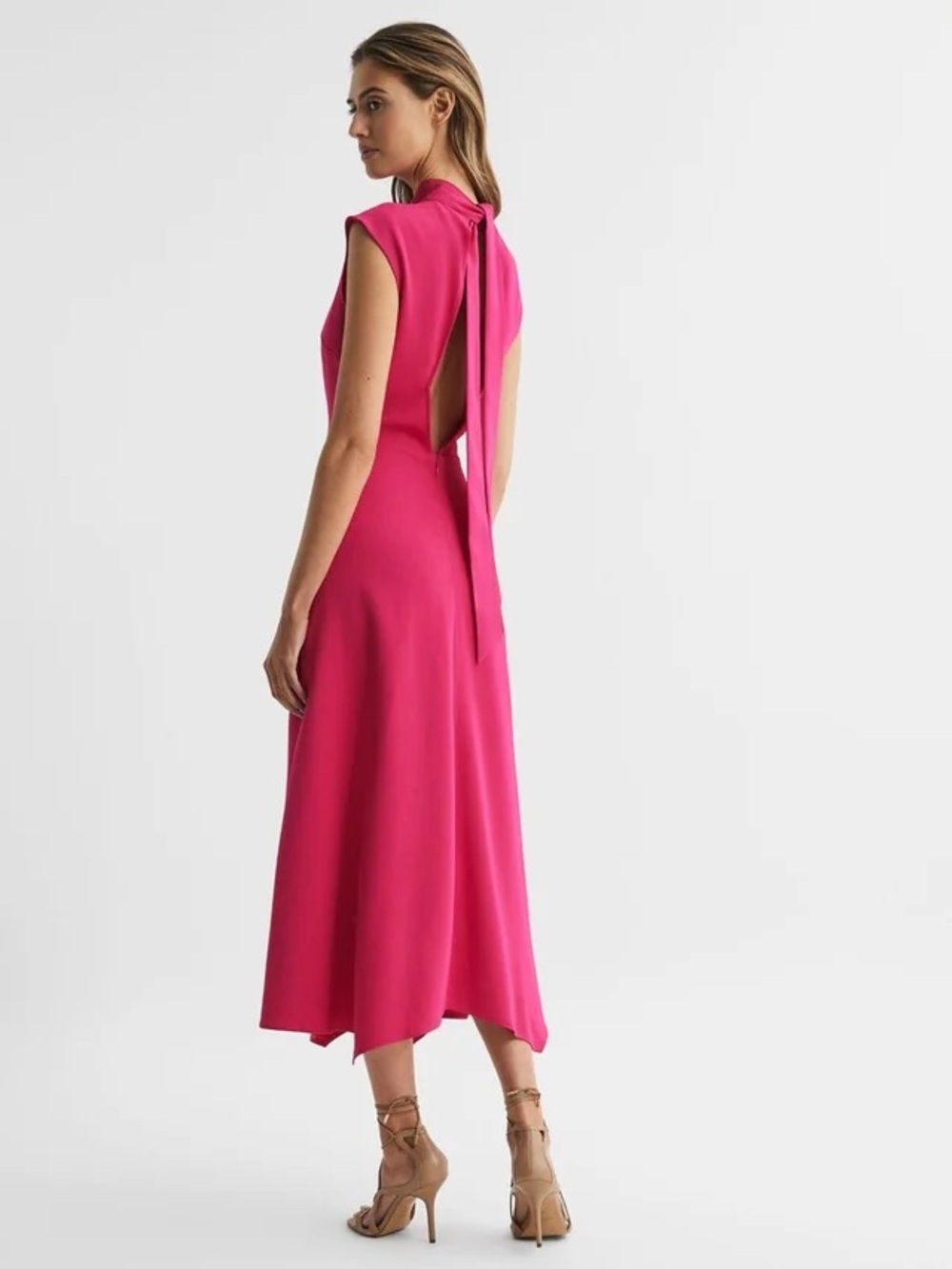 Sleeveless Pink Tie-Neck Midi Dress